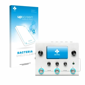 Face avant d’un emballage produit avec le logo de la marque upscreen. À côté, l’appareil Hotone Ampero II Stomp est représenté