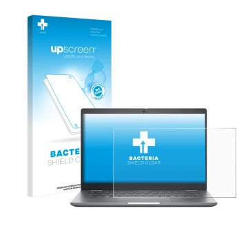 Face avant d’un emballage produit avec le logo de la marque upscreen. À côté, l’appareil Dell Latitude 5350 Laptop est représe