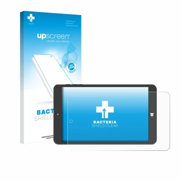 Face avant d’un emballage produit avec le logo de la marque upscreen. À côté, l’appareil SZTPS Tablet 8