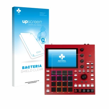 Face avant d’un emballage produit avec le logo de la marque upscreen. À côté, l’appareil Akai MPC One+ est représenté avec la 