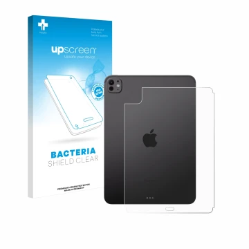 Face avant d’un emballage produit avec le logo de la marque upscreen. À côté, l’appareil Apple iPad Pro 11