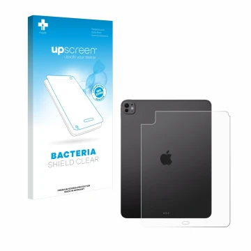 Face avant d’un emballage produit avec le logo de la marque upscreen. À côté, l’appareil Apple iPad Pro 13
