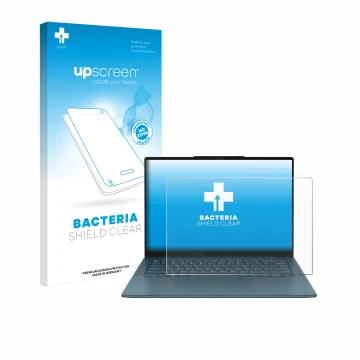 Face avant d’un emballage produit avec le logo de la marque upscreen. À côté, l’appareil Lenovo Yoga Pro 7 Gen 9 14