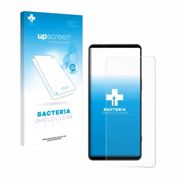 Face avant d’un emballage produit avec le logo de la marque upscreen. À côté, l’appareil Sony Xperia 1 VI est représenté avec 