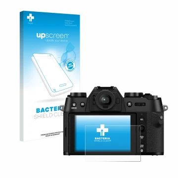 Face avant d’un emballage produit avec le logo de la marque upscreen. À côté, l’appareil Fujifilm X-T50 est représenté avec la