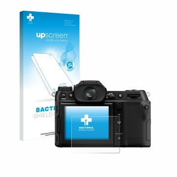 Face avant d’un emballage produit avec le logo de la marque upscreen. À côté, l’appareil Fujifilm GFX100S II est représenté av
