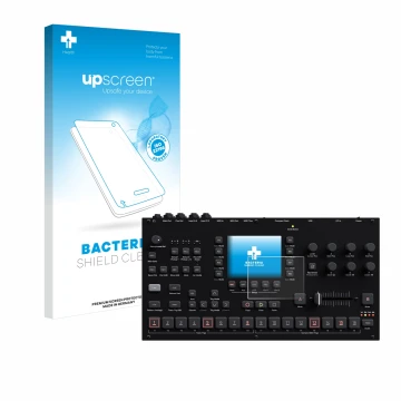 Face avant d’un emballage produit avec le logo de la marque upscreen. À côté, l’appareil Elektron Octatrack MKII est représent