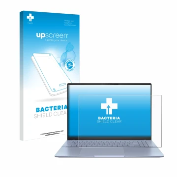 Face avant d’un emballage produit avec le logo de la marque upscreen. À côté, l’appareil ASUS Vivobook S16 OLED S5606 est repr