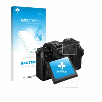 Face avant d’un emballage produit avec le logo de la marque upscreen. À côté, l’appareil Fujifilm GFX100S II (Affichage + affi