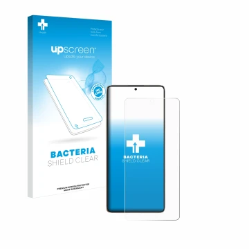 Face avant d’un emballage produit avec le logo de la marque upscreen. À côté, l’appareil Xiaomi Poco F6 est représenté avec la