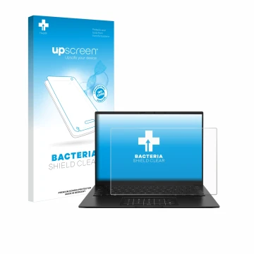 Face avant d’un emballage produit avec le logo de la marque upscreen. À côté, l’appareil ASUS ZenBook 14 OLED UM3406 est repré