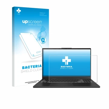 Face avant d’un emballage produit avec le logo de la marque upscreen. À côté, l’appareil ASUS VivoBook Pro 15 OLED N6506 est r