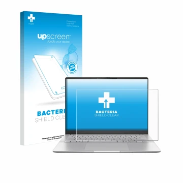 Face avant d’un emballage produit avec le logo de la marque upscreen. À côté, l’appareil ASUS Vivobook S 14 OLED M5406 est rep