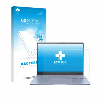 Face avant d’un emballage produit avec le logo de la marque upscreen. À côté, l’appareil ASUS Vivobook S 14 OLED S5406 est rep