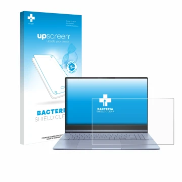 Face avant d’un emballage produit avec le logo de la marque upscreen. À côté, l’appareil ASUS Vivobook S 15 OLED S5506 est rep
