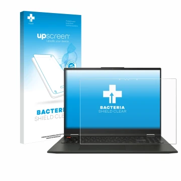 Face avant d’un emballage produit avec le logo de la marque upscreen. À côté, l’appareil ASUS Vivobook S 16 Flip TN3604 est re