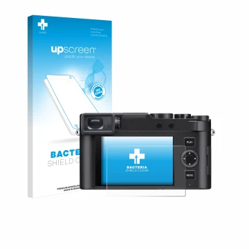 Face avant d’un emballage produit avec le logo de la marque upscreen. À côté, l’appareil Leica D-Lux 8 est représenté avec la 