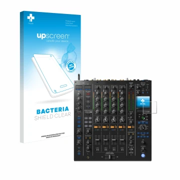 Face avant d’un emballage produit avec le logo de la marque upscreen. À côté, l’appareil Pioneer DJM A9 est représenté avec la