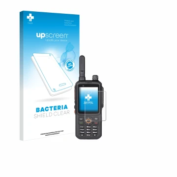 Face avant d’un emballage produit avec le logo de la marque upscreen. À côté, l’appareil Inrico T320 est représenté avec la pr