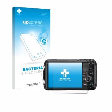 Face avant d’un emballage produit avec le logo de la marque upscreen. À côté, l’appareil Ricoh Pentax WG-8 est représenté avec