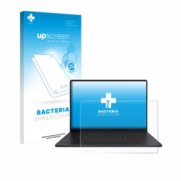 Face avant d’un emballage produit avec le logo de la marque upscreen. À côté, l’appareil ASUS ProArt P16 est représenté avec l