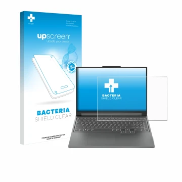 Face avant d’un emballage produit avec le logo de la marque upscreen. À côté, l’appareil Lenovo Legion Slim 5 Gen 9 16
