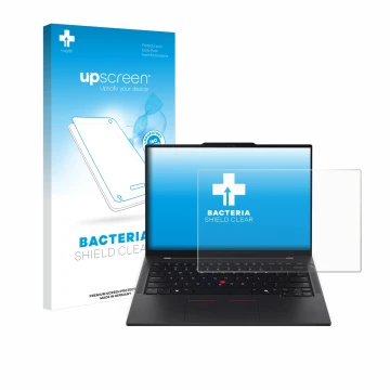 Face avant d’un emballage produit avec le logo de la marque upscreen. À côté, l’appareil Lenovo ThinkPad T14s Gen 6 est représ