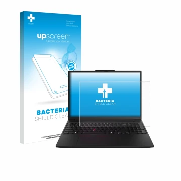 Face avant d’un emballage produit avec le logo de la marque upscreen. À côté, l’appareil Lenovo ThinkPad P16s Gen 3 est représ