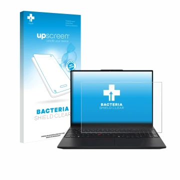 Face avant d’un emballage produit avec le logo de la marque upscreen. À côté, l’appareil Lenovo ThinkPad L16 Gen 1 est représe