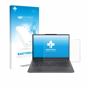 Face avant d’un emballage produit avec le logo de la marque upscreen. À côté, l’appareil Lenovo ThinkPad E14 Gen 6 est représe