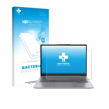 Face avant d’un emballage produit avec le logo de la marque upscreen. À côté, l’appareil Lenovo ThinkBook 14 Gen 7 est représe