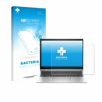 Face avant d’un emballage produit avec le logo de la marque upscreen. À côté, l’appareil HP Elite x360 830 G11 2-in-1 est repr