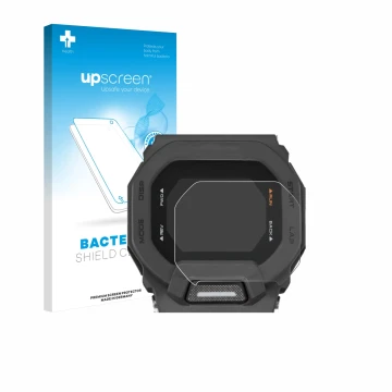 Face avant d’un emballage produit avec le logo de la marque upscreen. À côté, l’appareil Casio G-Shock GBD-200 est représenté 