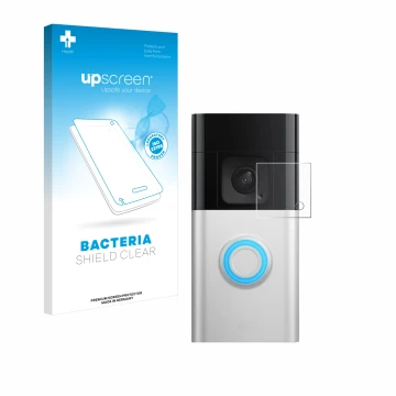 Face avant d’un emballage produit avec le logo de la marque upscreen. À côté, l’appareil Ring Battery Video Doorbell Pro est r