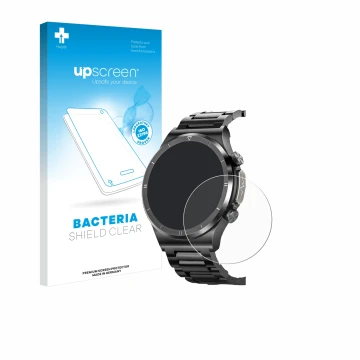 Face avant d’un emballage produit avec le logo de la marque upscreen. À côté, l’appareil Powerwill Smartwatch 1.39