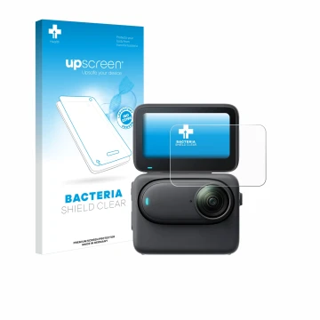 Face avant d’un emballage produit avec le logo de la marque upscreen. À côté, l’appareil Insta360 Go 3S est représenté avec la