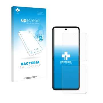 Face avant d’un emballage produit avec le logo de la marque upscreen. À côté, l’appareil Motorola Razr 50 est représenté avec 