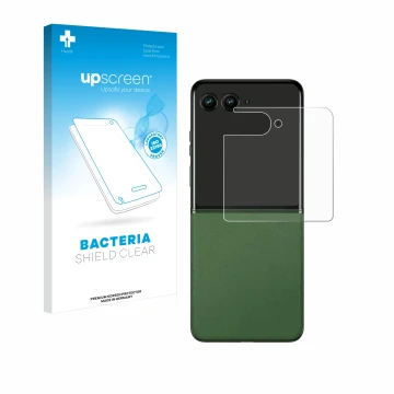 Face avant d’un emballage produit avec le logo de la marque upscreen. À côté, l’appareil Motorola Razr 50 (Affichage arrière) 