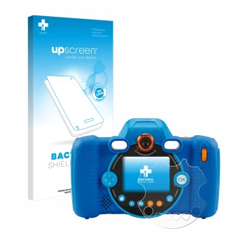 Face avant d’un emballage produit avec le logo de la marque upscreen. À côté, l’appareil Vtech Kidizoom Duo FX est représenté 