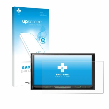Face avant d’un emballage produit avec le logo de la marque upscreen. À côté, l’appareil Pioneer AVH-Z9200DAB est représenté a