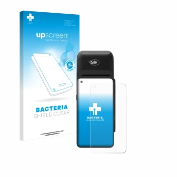 Face avant d’un emballage produit avec le logo de la marque upscreen. À côté, l’appareil Verifone T650c est représenté avec la