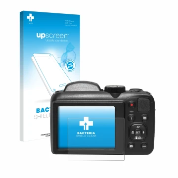 Face avant d’un emballage produit avec le logo de la marque upscreen. À côté, l’appareil Kodak Pixpro AZ255 est représenté ave