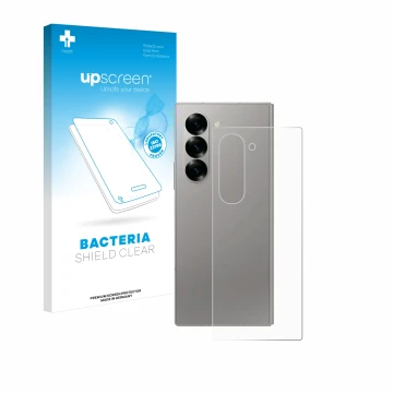 Face avant d’un emballage produit avec le logo de la marque upscreen. À côté, l’appareil Samsung Galaxy Z Fold 6 5G (Arrière) 