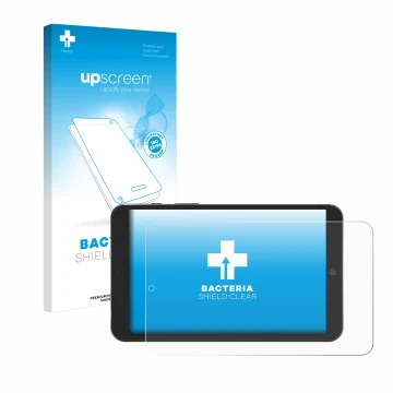 Face avant d’un emballage produit avec le logo de la marque upscreen. À côté, l’appareil Mediacom SmartPad Iyo 8 est représent