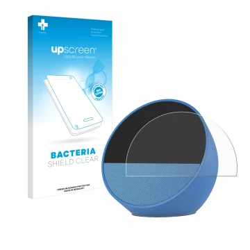 Face avant d’un emballage produit avec le logo de la marque upscreen. À côté, l’appareil Amazon Echo Spot 2024 est représenté 