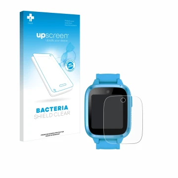 Face avant d’un emballage produit avec le logo de la marque upscreen. À côté, l’appareil Xplora Kidzi Watch est représenté ave