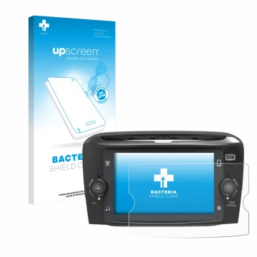 Face avant d’un emballage produit avec le logo de la marque upscreen. À côté, l’appareil Lancia Ypsilon 7