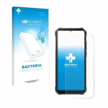 Face avant d’un emballage produit avec le logo de la marque upscreen. À côté, l’appareil Fossibot F105 est représenté avec la 