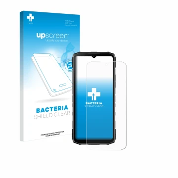 Face avant d’un emballage produit avec le logo de la marque upscreen. À côté, l’appareil Doogee Blade 10 Pro est représenté av