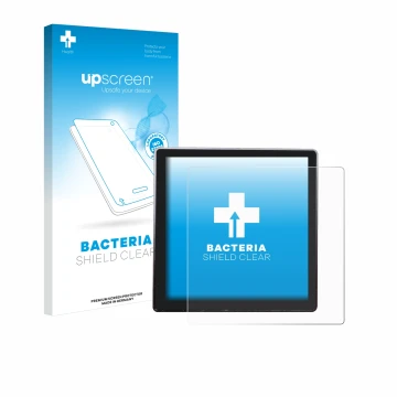 Face avant d’un emballage produit avec le logo de la marque upscreen. À côté, l’appareil Shelly Wall Display est représenté av